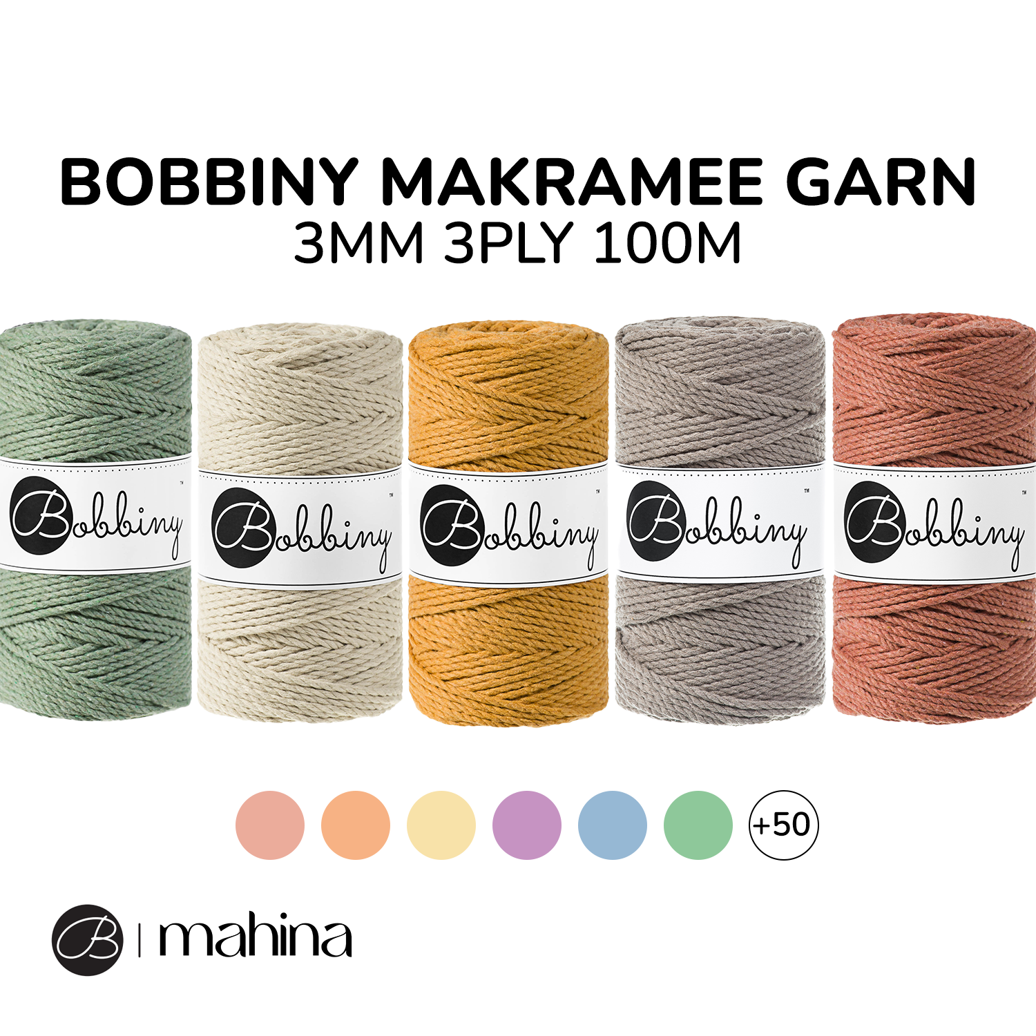 Bobbiny Makramee Garn 3mm 3ply 100m - mahina
